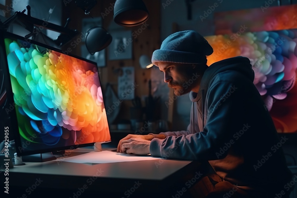 Poster a man sitting at a desk working on a computer screen with a rainbow background workshop advertising 