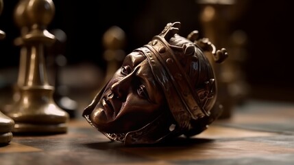 A close up of a king chess piece with pawns in the distance. Generative AI. 