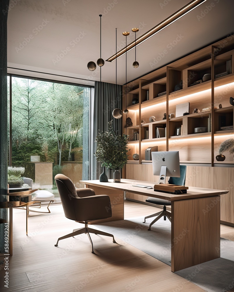 Poster A Modern Office With A Large Window And A Desk With A Computer Law Office Photorealism Interior Design Generative AI 