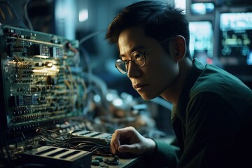 A Man In Glasses Looking At A Computer Screen With Many Wires Car Repair Shop Advertising Photography Robotics Engineering Generative AI 