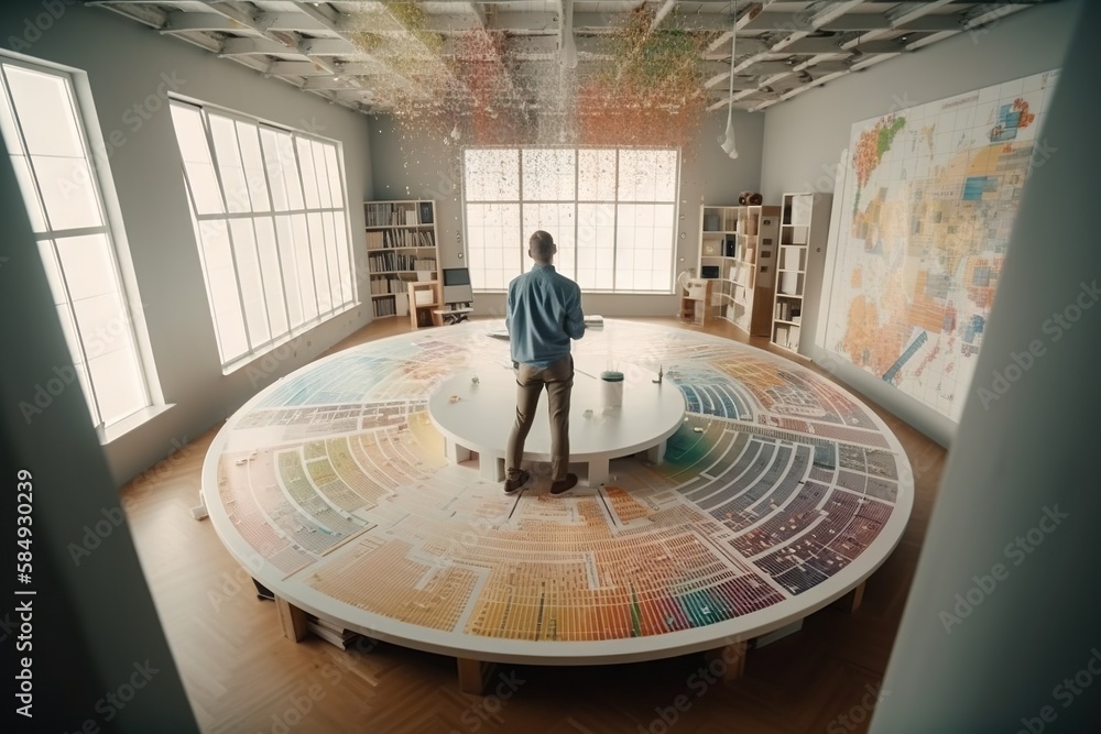 Poster a man standing in a room with a large circular table in the middle newsroom kinetic art data analyti