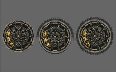 matt black wheels black, Car Wheel 3D illustration, Car wheel, set. Realistic design. Vector illustration