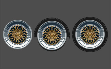 wheels gold silver, Car Wheel 3D illustration, Car wheel, set. Realistic design. Vector illustration