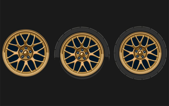 Car wheel and rims. Vector illustration, wheels gold silver black, Car Wheel 3D illustration, Car wheel, set. Realistic design. Vector illustration