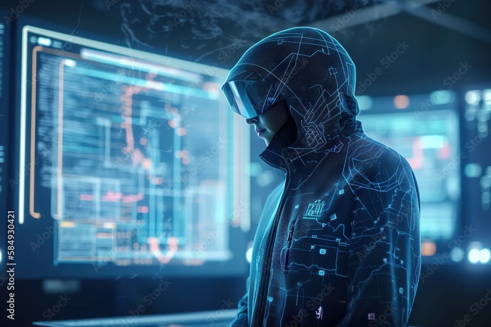 Poster A Man In A Hooded Jacket Looking At A Computer Screen With A Futuristic Interface Workshop Graphic Design Cybersecurity Generative AI 