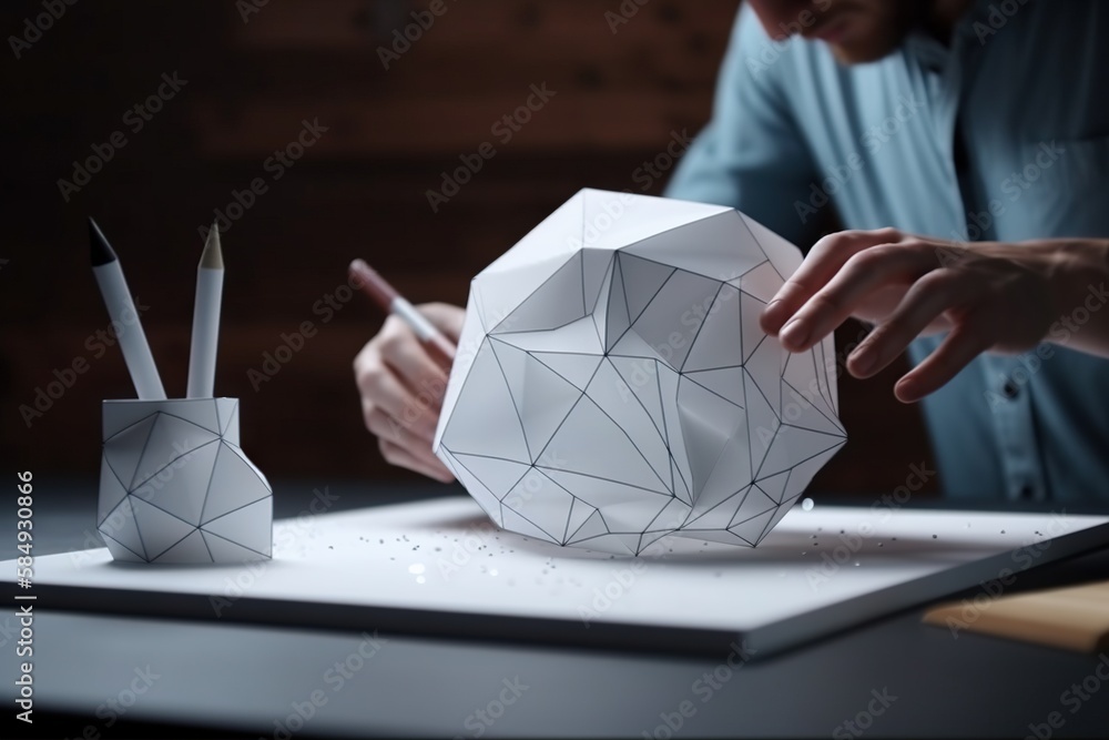 Poster a man is making a sculpture with a paper and pencils iceberg origami computer graphics generative ai
