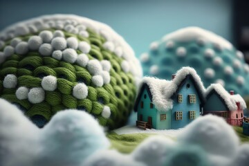 knitting art village cute colors clouds, house, clouds