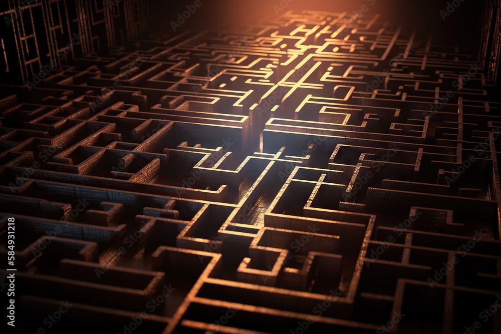 Poster a large maze with a person standing in it and a light shining on the floor deep sea trench graphic d