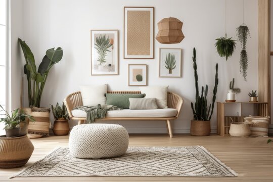 Elegant bohemian living area with wooden seat, plants, cactus, mock up picture frames, and personal decorations. coziness. Template. Generative AI
