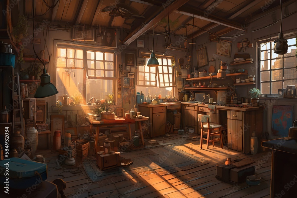 Poster a room with a lot of windows and a table in it workshop photorealism set design generative ai