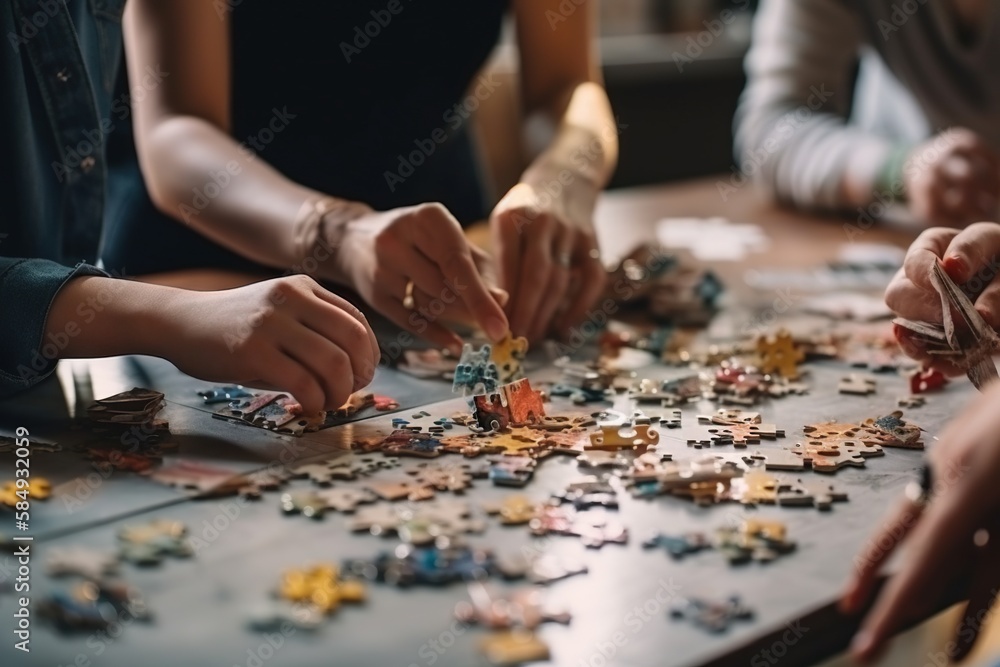 Poster a group of people are playing a game of puzzles together on a table workshop quilting project coordi