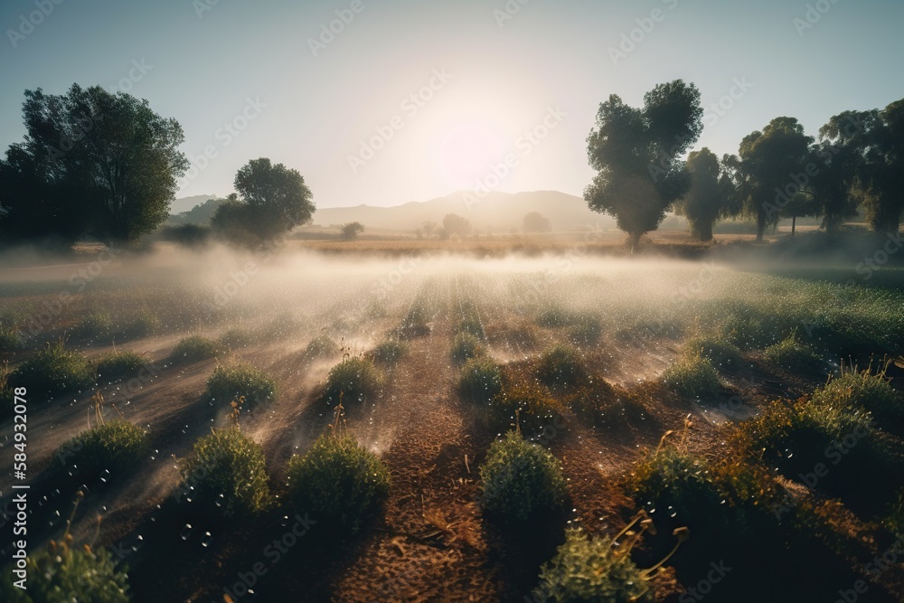 Poster a field with a foggy sky and trees in the background countryside lavender fields at golden hour with
