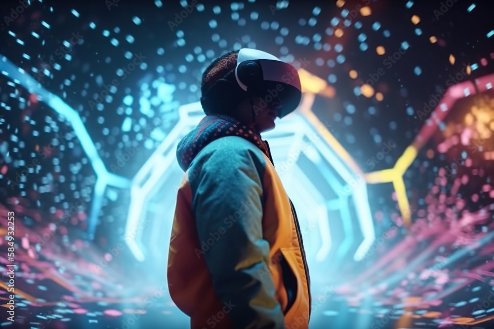 Poster a man wearing a helmet and a yellow jacket standing in front of a colorful background arcade adverti