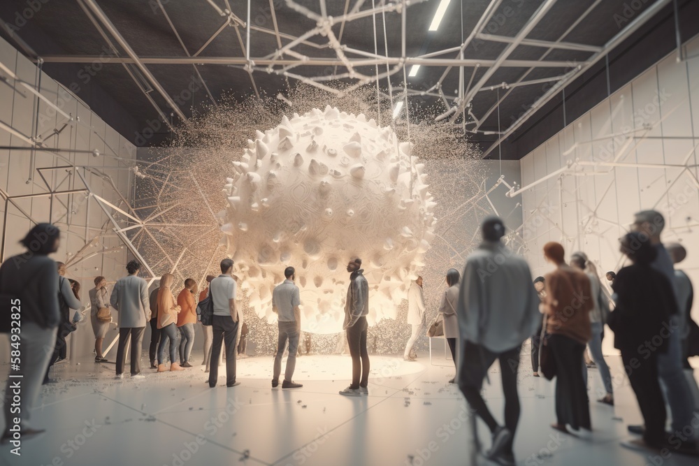 Poster a group of people standing in a room with a large white object art museum installation art art model