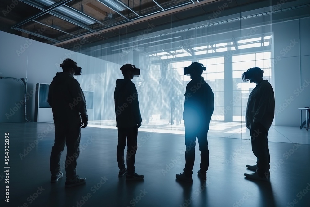 Poster a group of people standing in a room with a generative ai window in the background abandoned industr