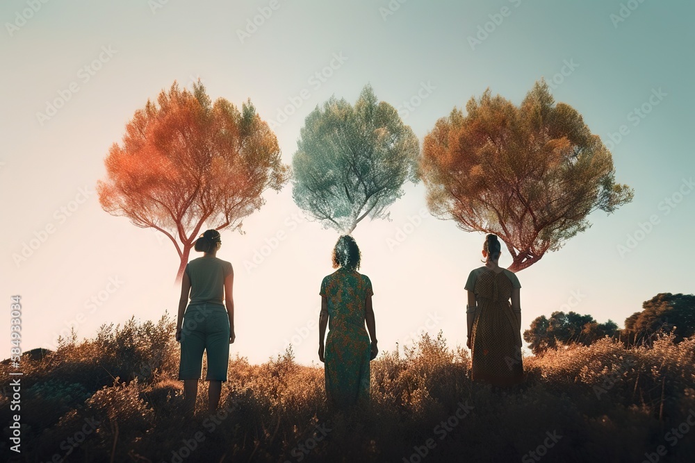 Aufkleber three people standing in a field with trees in the background and a sky background orchard panoramic