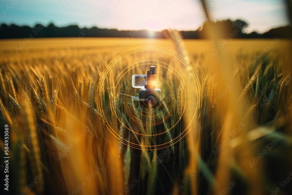 Poster a camera is in the middle of a field of wheat with a lens countryside wheat fields panoramic photogr