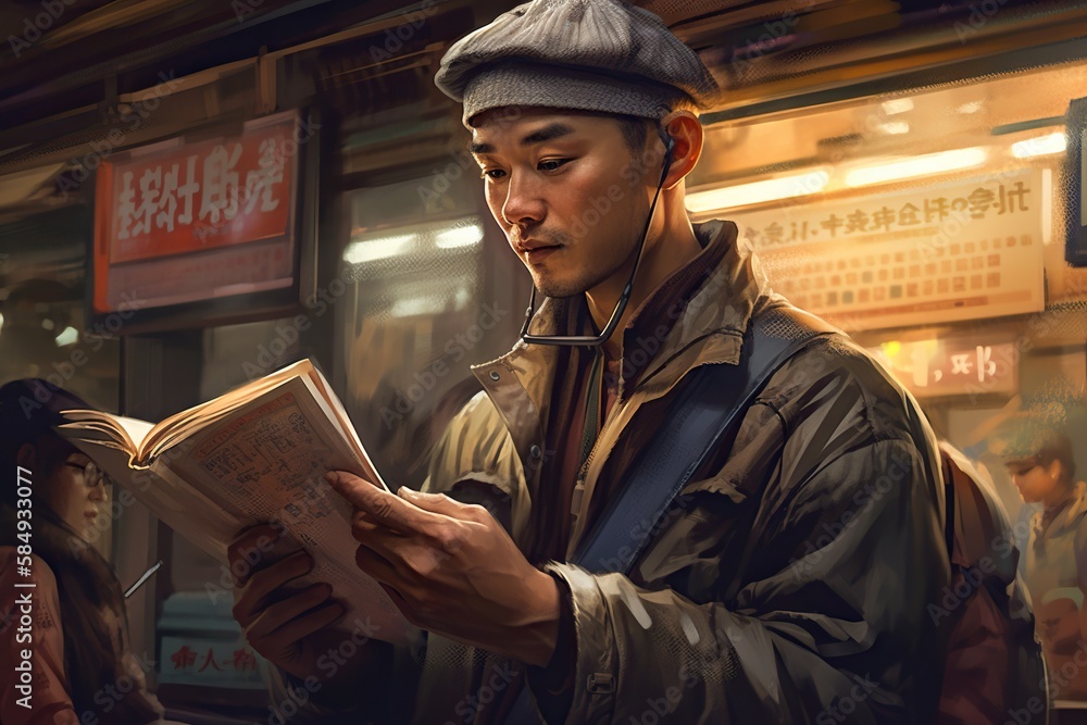 Poster a man reading a book while standing in front of a store subway station photorealism entrepreneur gen