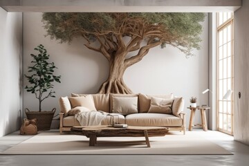 Empty wall living room decor with huge tree and rattan couch set bohemian and scandinavian. Generative AI