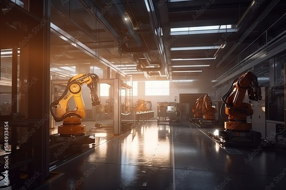 Poster a room with a robot and a machine in it's center factory panoramic photography manufacturing plannin
