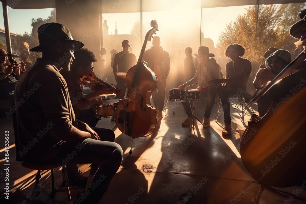 Poster a group of people playing instruments in a room with sunlight coming through the window workshop per