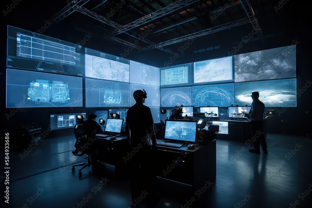 Poster A Man Standing In Front Of A Large Display Of Monitors In A Dark Room Conference Room Panoramic Photography Cybersecurity Generative AI 