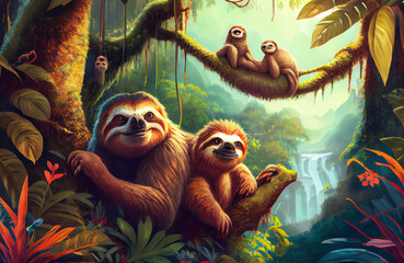 Colorful Jungle with a family of slow loris monkeys, forest natural scenery with trees, monkey and magical landscape of nature