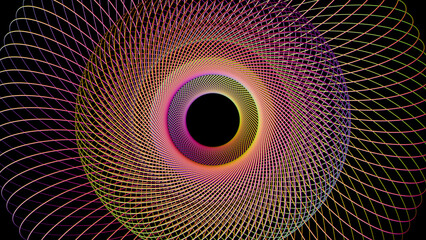 A rainbow color circle of threads and a point in the center.