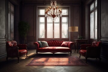 Arkhangelsk Russia 08 27 22 interior with two windows, crimson couch, and antique chandelier. Generative AI