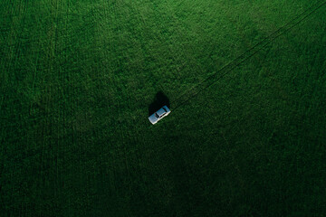 Top view of car driving on green agricultural field 