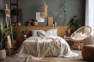 Fototapeta na wymiar Bedroom with wooden bed, white armchair, macrame, cube, flowers in vase, books, and stylish accessories. Elegant linens, blanket, and pillow. Template. Generative AI