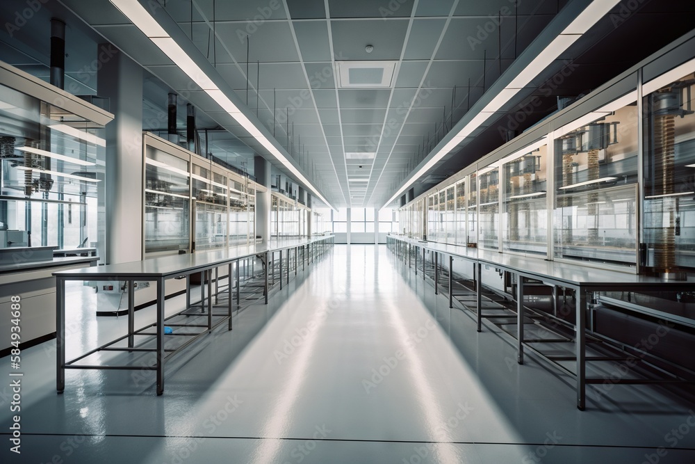 Poster a long empty hallway with a bench and tables in it and a window workshop architectural photography m