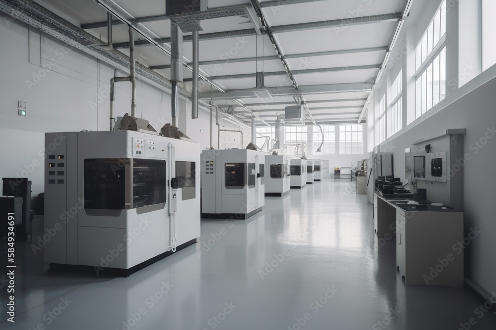 Poster a large room with many machines in it and windows on the wall workshop bronze casting manufacturing 