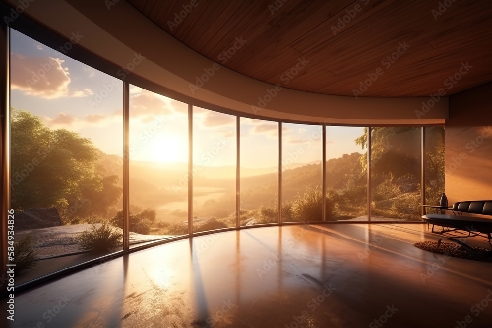 Poster a room with a large window and a couch in it with a view of the mountains yoga studio photorealism s