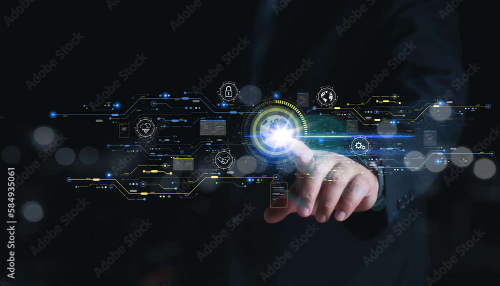 Poster man hand touching global internet connection. business global internet connection application techno