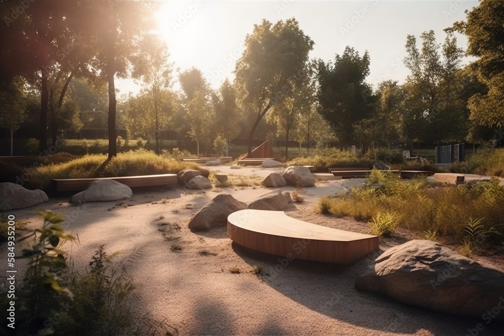 Poster a bench in a park with rocks and grass around it and trees in the background urban park at sunrise e