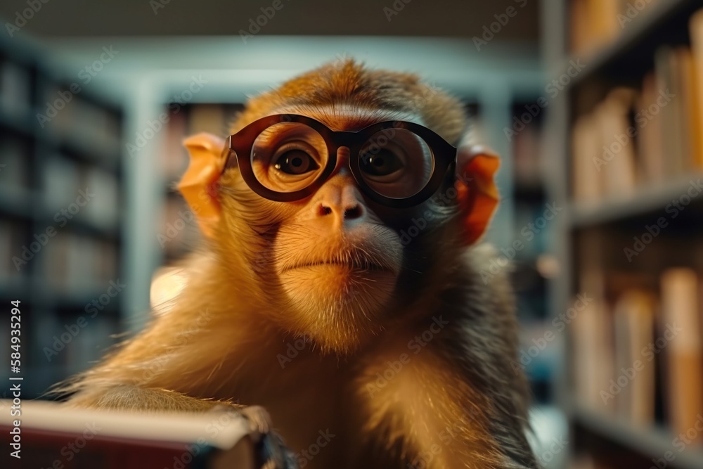 Poster a monkey with glasses on his head looking at a book in a library zoo wildlife photography data scien