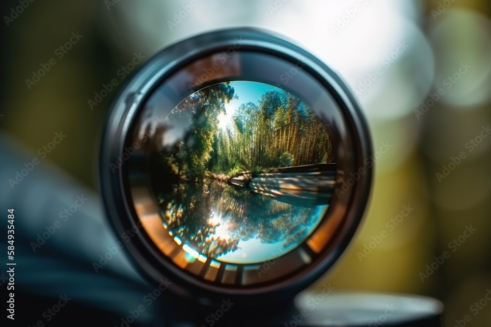 Poster a view of a river through a lens of a camera lens forest macro photography macro photography generat