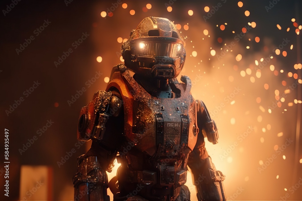 Poster a man in a space suit standing in front of a fire volcano renaissance war generative ai