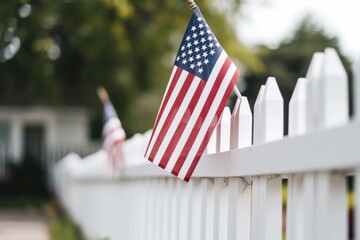 American flag on white picket fence, Generative Ai