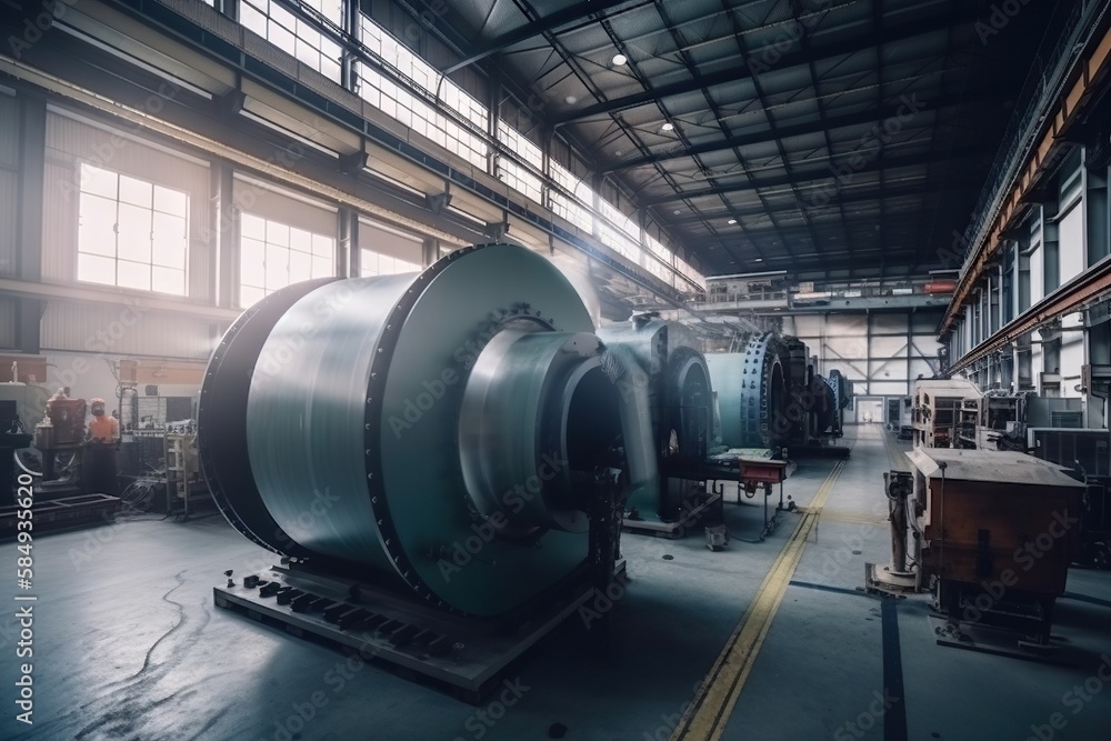 Poster a large industrial machine room with large machines in it's center factory constructivism manufactur