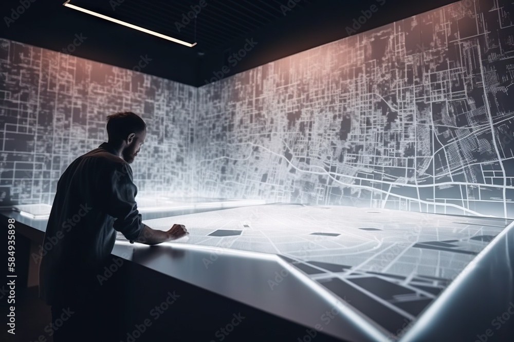 Aufkleber a man standing in front of a projection of a city map conference room kinetic art data analytics gen
