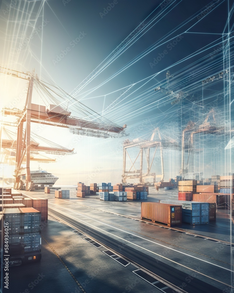 Poster a large container yard with a lot of containers on it and a lot of cranes industrial port panoramic 