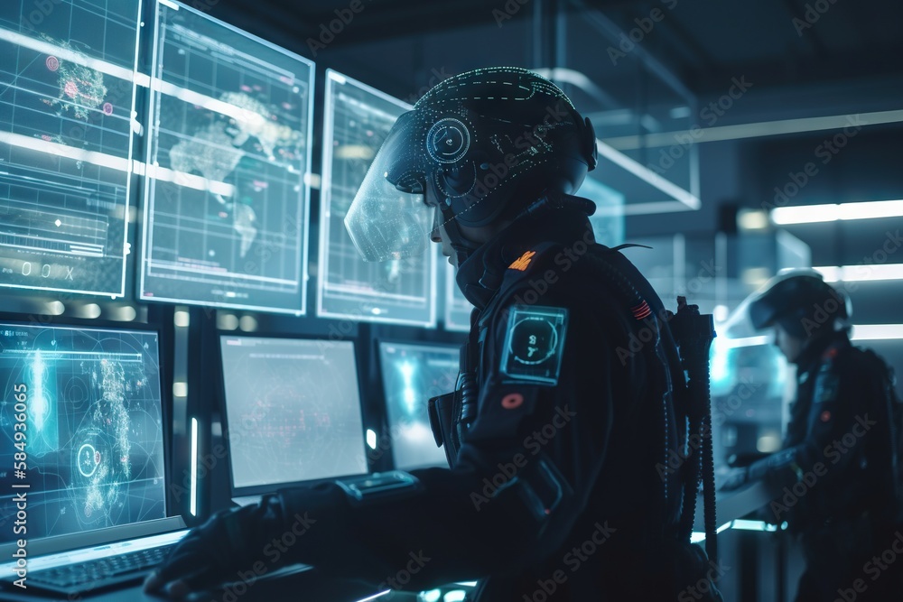 Poster a man in a futuristic suit standing in front of a computer screen military base graphic design cyber