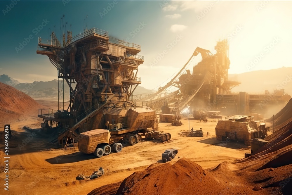Poster a large machine in a desert with a sky background and a mountain construction site environmental art