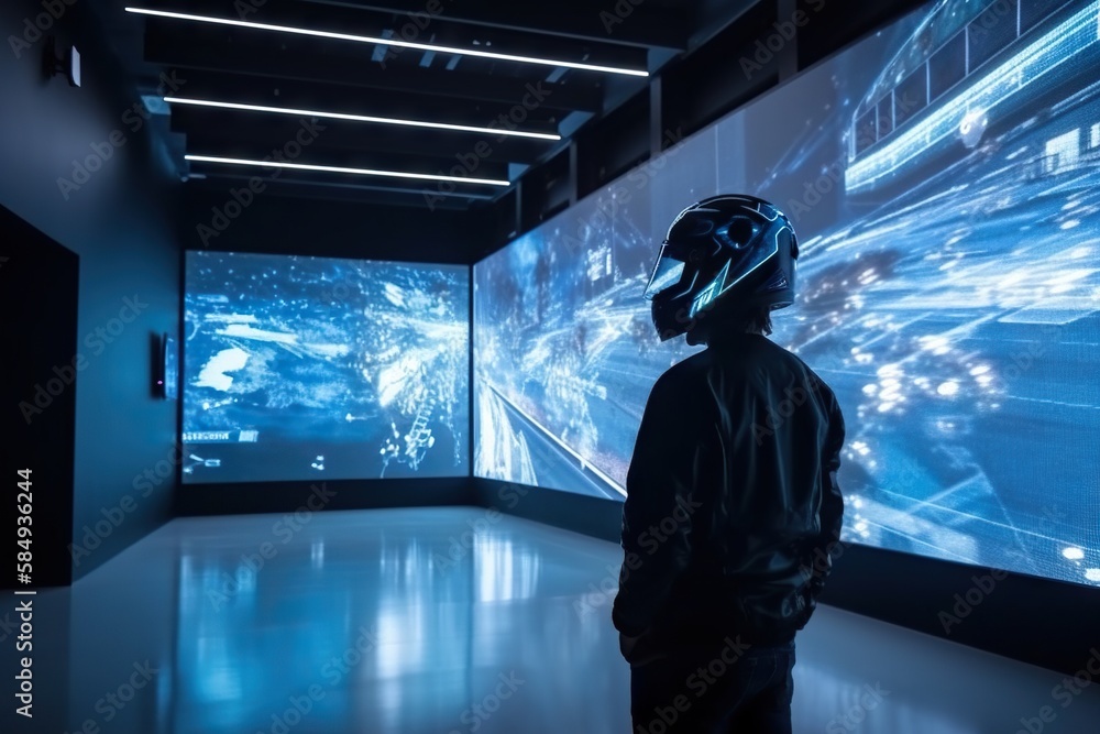 Poster a man in a helmet looking at a large screen with a picture of a space shuttle arcade video art virtu