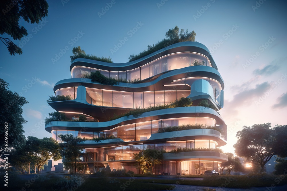 Poster a futuristic building with a spirally design and trees on the top office building architectural phot