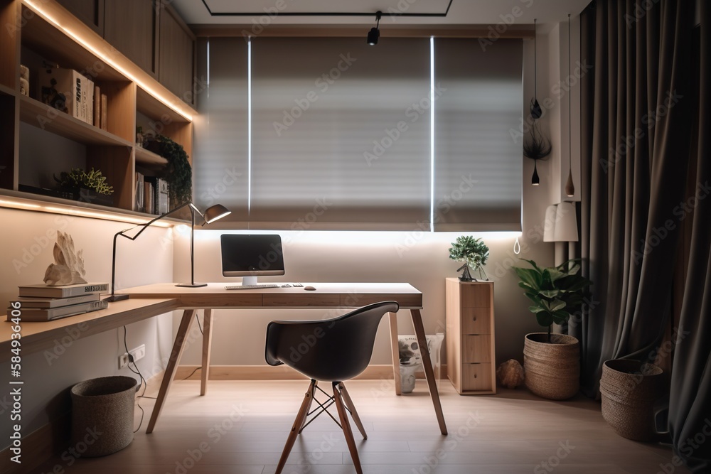 Poster A Desk With A Computer On It In A Room With A Window Law Office Minimalism Interior Design Generative AI 