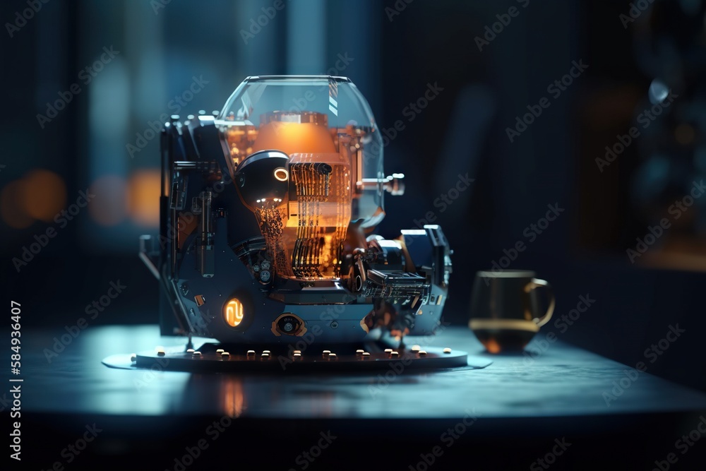 Poster a close up of a machine with a light on it's side coffee shop photorealism computer graphics generat
