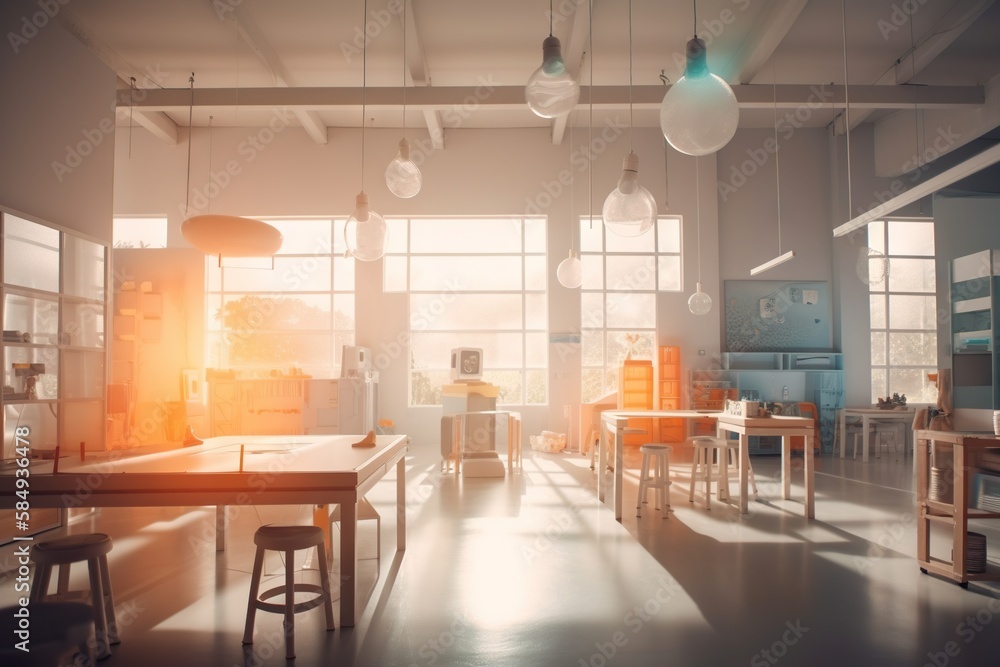 Poster a room with a lot of windows and a table and chairs classroom photorealism instructional design gene